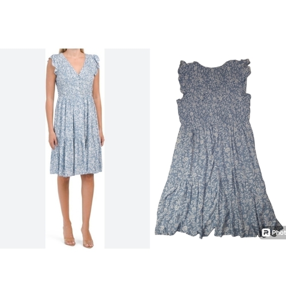 Lucky Brand Ruffle Sleeve V-neck Smocked Bodice Midi Dress Size Large - Picture 3 of 12